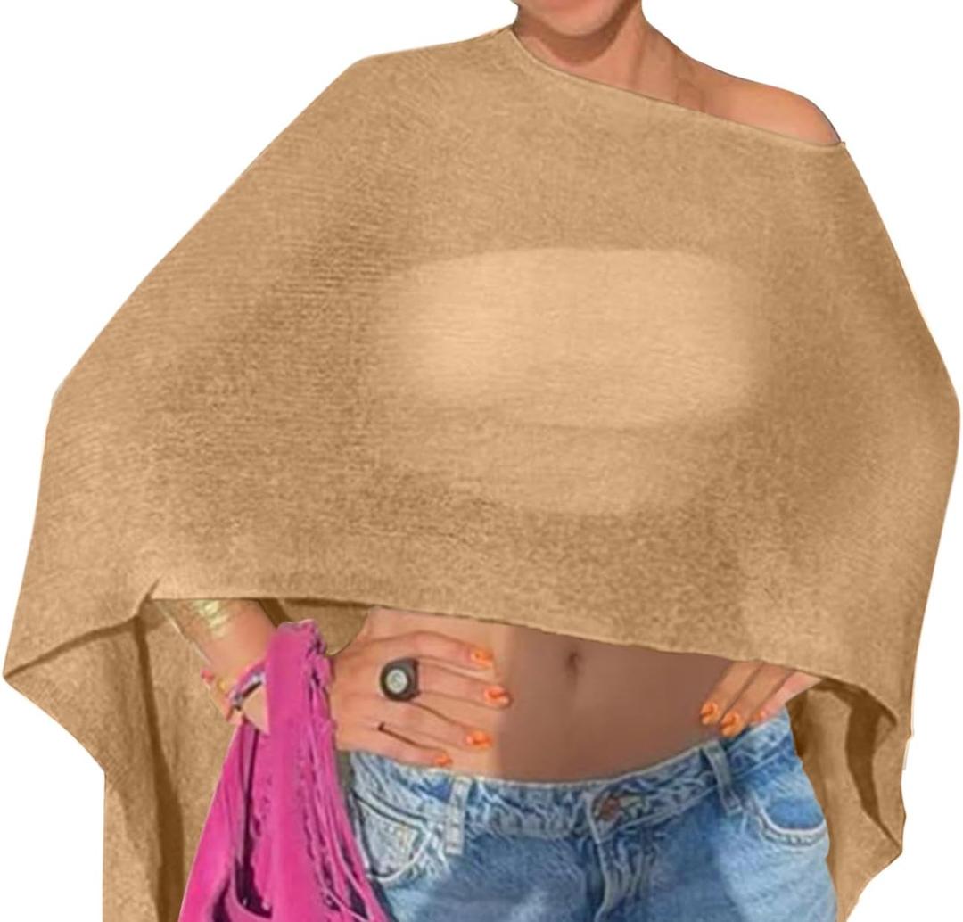 Drop Shoulder Sheer Crochet Vacation Outfits Poncho Sweater Top Summer Beach Cover Up (XX-Large, Khaki)