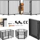 4 Panels 31" W x 104" H with Door, Metal Free Standing Dog Gate with Door, 31'' Tall Foldable Dog Fence for Indoor/Outdoor, for Large Openings, Stairs, Hallways, Doorways (Black)