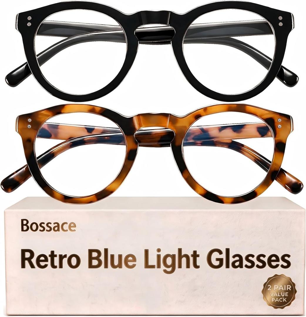 2 x 2 Pack Retro Round Blue Light Glasses for Women