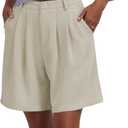 Famulily Womens Pleated Bermuda Shorts for Summer Casual High Waisted Wide Leg Shorts with Pockets (Medium, Beige)