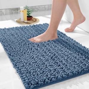 Yimobra Bathroom Rugs Non Slip Washable - Ultra Soft Absorbent Chenille Bath Mat, Quick Dry Shaggy Floor Carpet for Tub Shower, Denim Blue Home Decor Accessories, 24x17 Inch