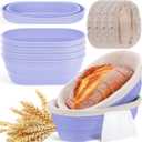 Nuogo 4 Pack Oval Bread Proofing Basket Silicone 10 Inch Collapsible Sourdough Bread Baking Supplies Dough Proofing Bowl with 4 Pcs Dough Scraper and 4 Pcs Basket Covers(Purple)