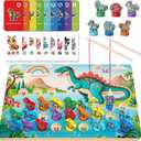 Wooden Dinosaur Magnetic Fishing Game for Toddlers Ages 3-5 with 2 Pods, ABC Alphabet Learning Toy with Spelling Cards, Preschool Educational Montessori Toys, Gift for Boy Girl