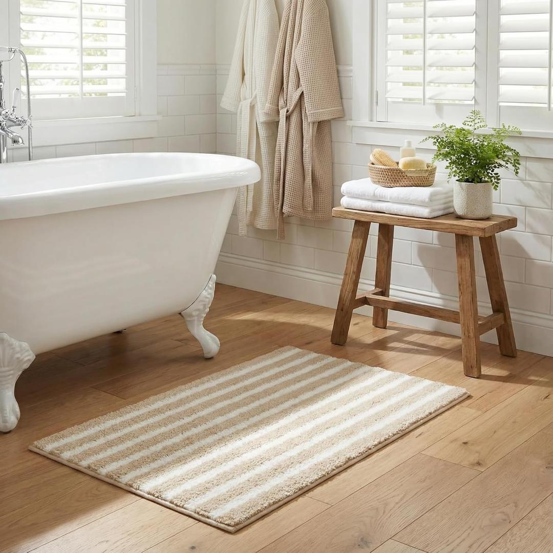 GRANNY SAYS Striped Bathroom Rugs Non Slip, 24" x 36", Bath Rugs for Bathroom Washable, Bath Mats for Floor, Microfiber Bath Mat for Tub, Absorbent Bath Rugs for Shower Room, Beige