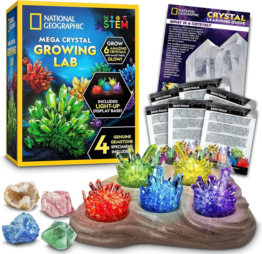 National Geographic Mega Crystal Growing Kit for Kids- Grow 6 Crystals with Light-Up Stand, Science Gifts for Kids 8-12, Crystal Making Experiment, Science Kit for Girls and Boys 