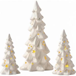 Nuogo 3 Pcs Lighted Ceramic Christmas Tree Decorations White Ceramic Christmas Table Centerpiece Porcelain Xmas Tree Figurines for Xmas Tabletop Home Decor Gifts