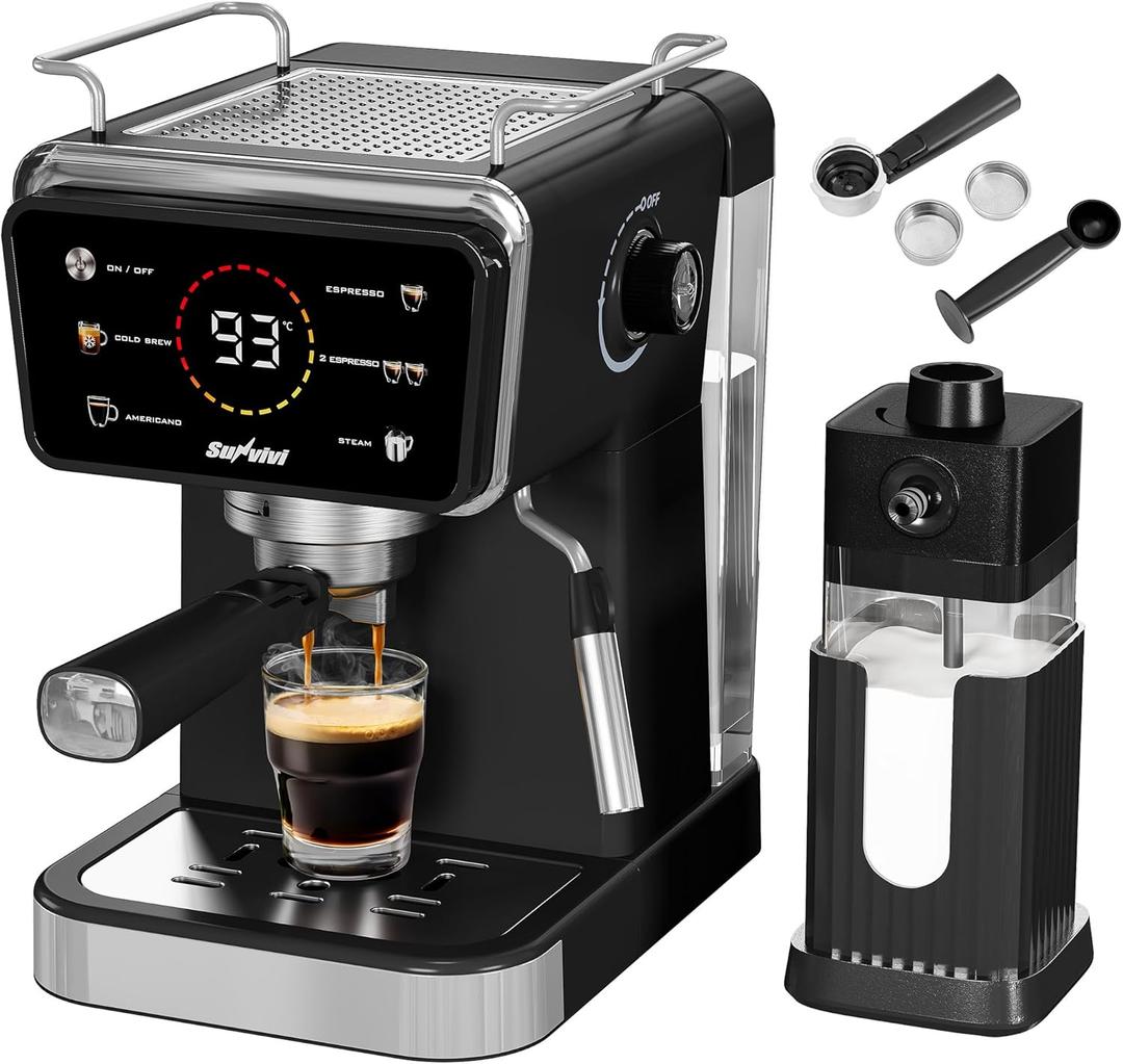 20 Bar Espresso and Americano Machine for Home and Office, Iced Coffee Maker with Touchscreen, Milk Frother, Single/Double Shot & Cold Brew, 52OZ Removable Water Tank, Quick Heating System