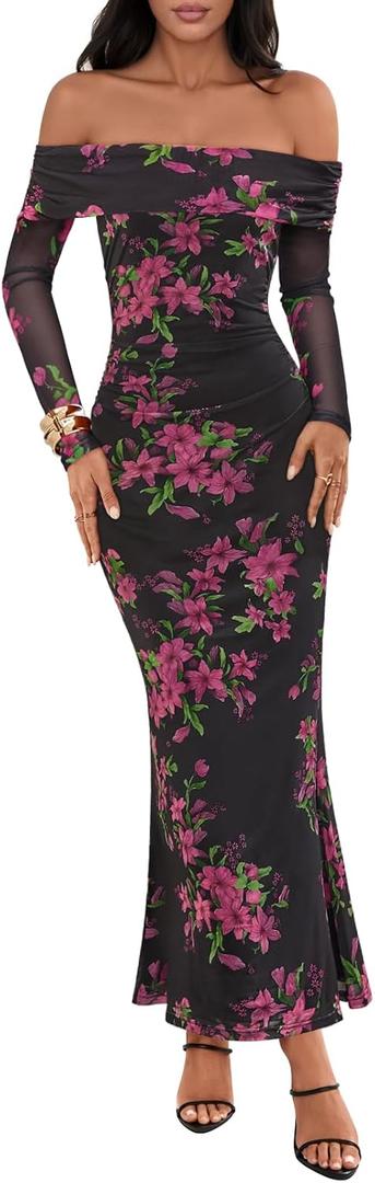 MEROKEETY Women's Fall Off Shoulder Floral Maxi Dresses Formal Long Sleeve Bodycon Cocktail Wedding Guest Dress (Medium, Black)