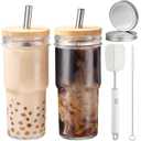 2 Pcs 24 oz Glass Cups With Bamboo Lids and Straws & 2 Airtight Lids, Reusable Smoothie Cup Mason Jar Drinking Glasses Iced Coffee Cups Glass Tumbler for Bubble Tea, Juice, Gift