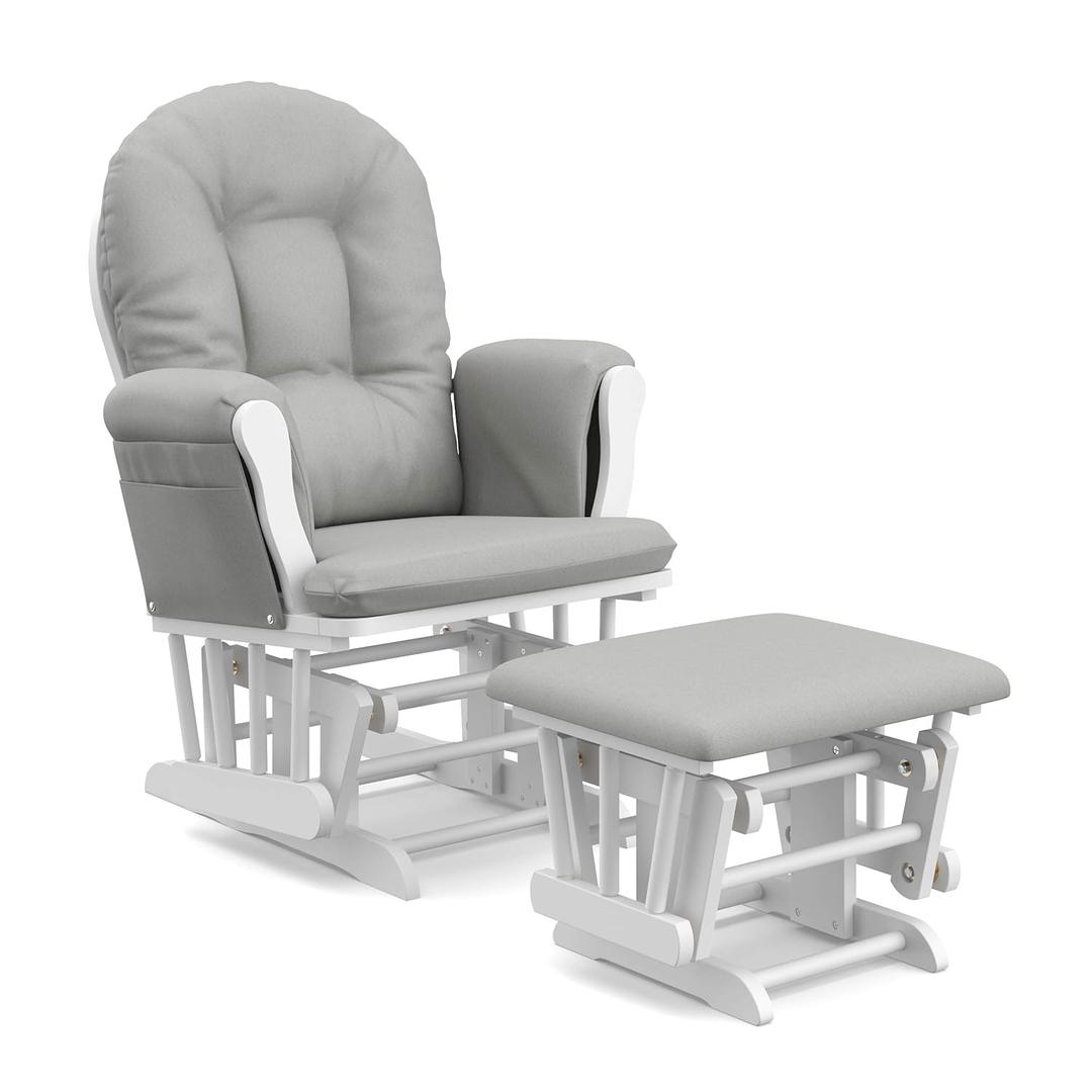Storkcraft Premium Hoop Glider and Ottoman (White Base, Light Gray Cushion)  Padded Cushions with Storage Pocket, Smooth Rocking Motion, Easy to Assemble, Solid Hardwood Base (White/Light Gray)