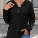 Dokotoo Hoodies for Women Long Sleeve Drawstring Button V Neck Fleece Casual Lightweight Pullover Sweatshirt Hooded Tops (Black, S)