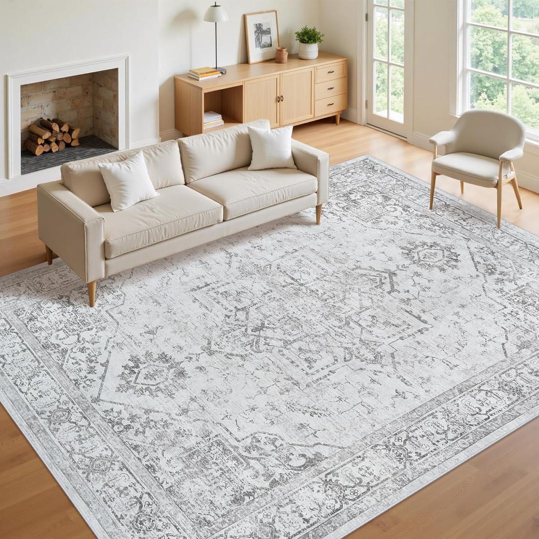9x12 Area Rugs for Living Room:Gray Washable Vintage Medallion Rug Non-Slip Soft Low Pile Large Rugs Indoor Retro Carpet for Bedroom Kitchen Nursery Dining Table Office (Gray, 9'x12')
