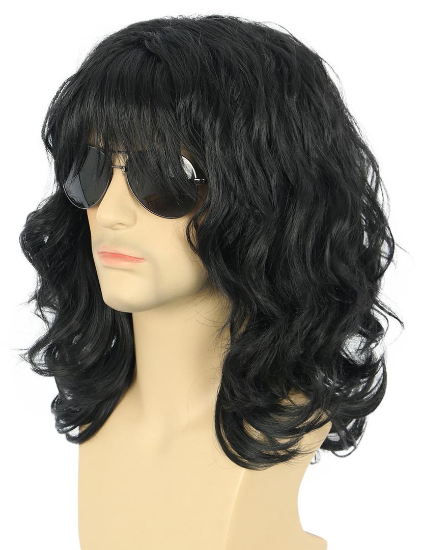 karlery California 70s 80s Rocker Wig Men Women Long Curly Black Halloween Costume Wig