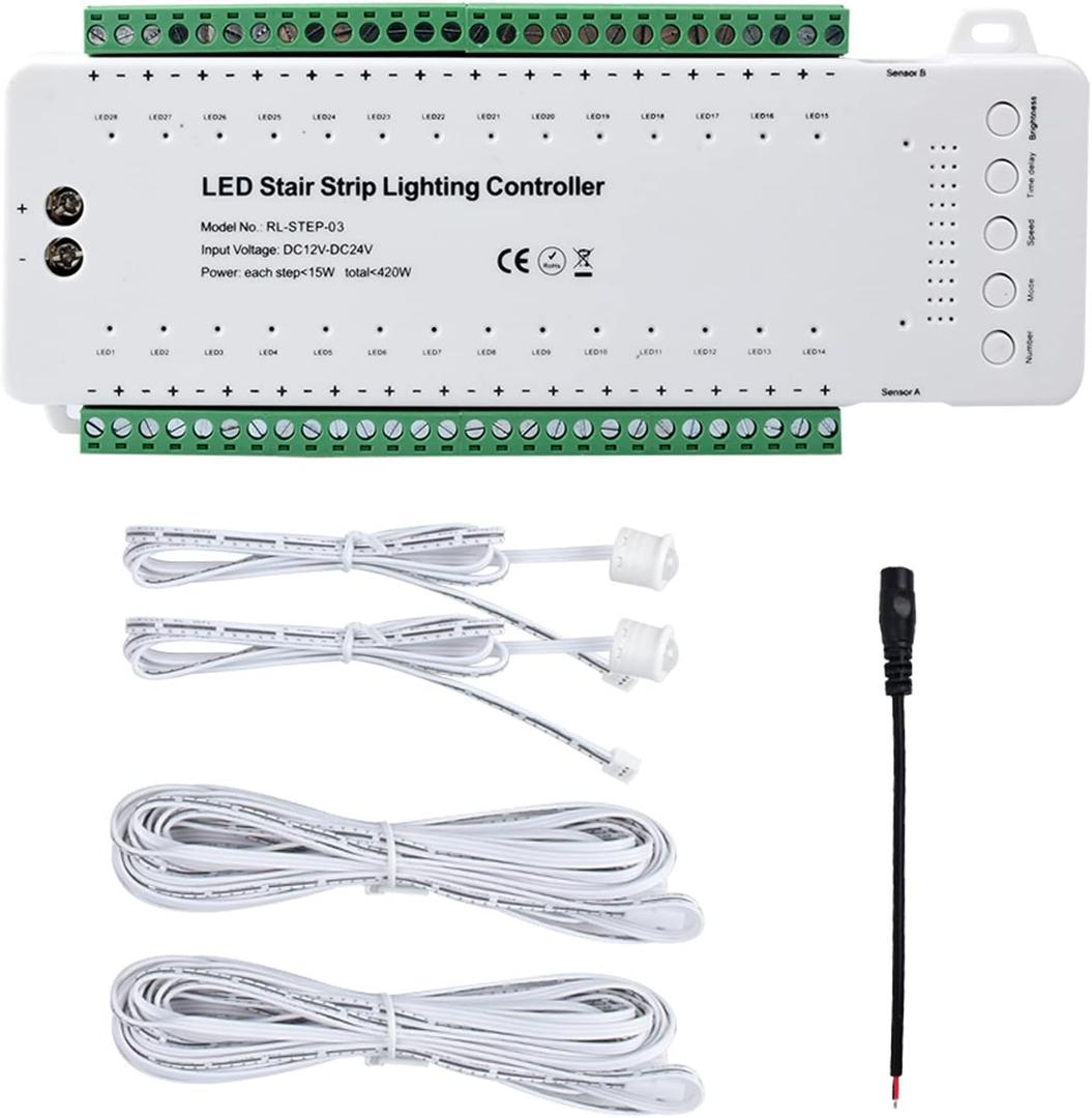28 Channel 9 Modes LED Motion Sensor Stair Light Controller Automatic Stairway LED Controller Stair LED Light Motion Sensor Speed Brightness Adjustable (28 Channels)