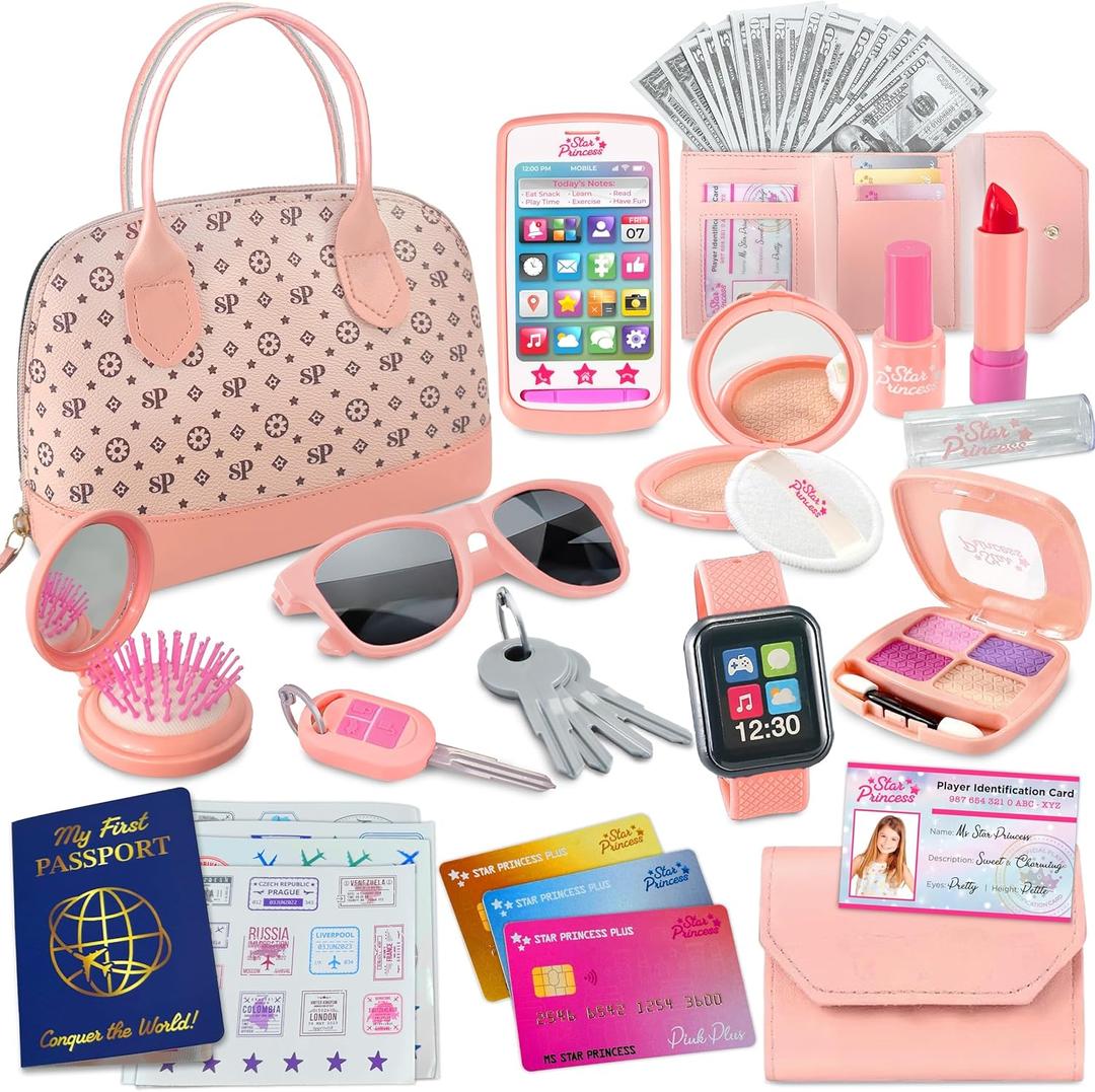Play Purse for Little Girls - Pretend Play Toy Set for Kids Including Handbag, Makeup, Phone, Wallet, Smartwatch, Passport, Credit Cards, Keys - Birthday Gift Ideas for Girls Age 3 4 5 6 7+