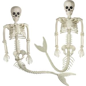 38 Inches Halloween Mermaid Skeleton, 2 Pcs Halloween Skeleton Mermaid with Posable Movable Jonints and SoftTail for Halloween Decoration Decor Spooky Scene Party Favors, White, MRYSKE-01