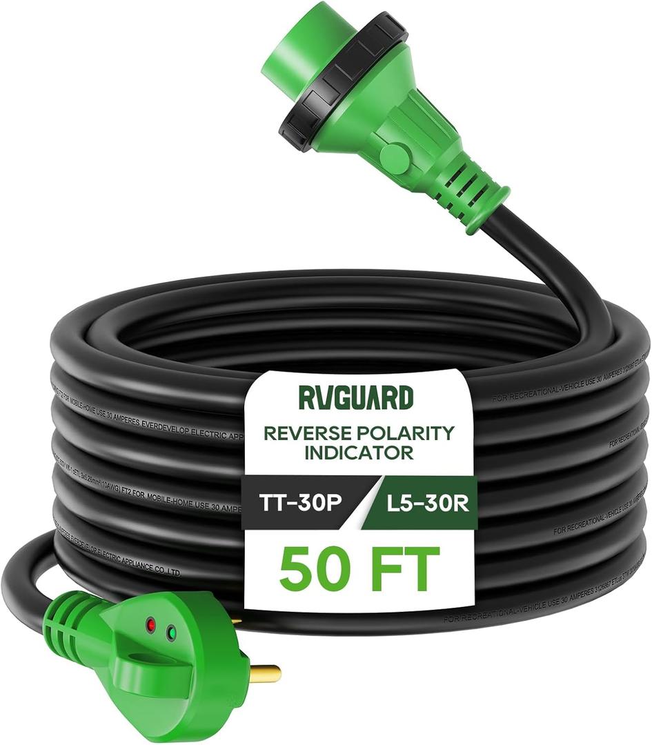 RVGUARD 30 Amp 50 Foot RV Power Cord with Reverse Polarity Indicator, Heavy Duty STW Cord with Cord Organizer, 30 Amp Male Standard to 30 Amp Female Locking Connector, Green, ETL Listed