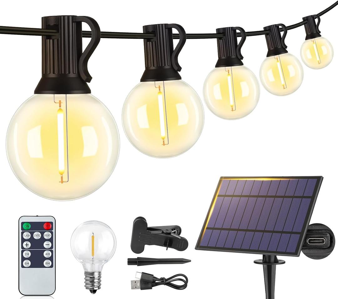 Larkvue 25FT Solar String Lights Outdoor with Remote, Waterproof Dimmable 3 Modes Patio Lights with 10+1 LED Shatterproof G40 Bulbs for Backyard-Black