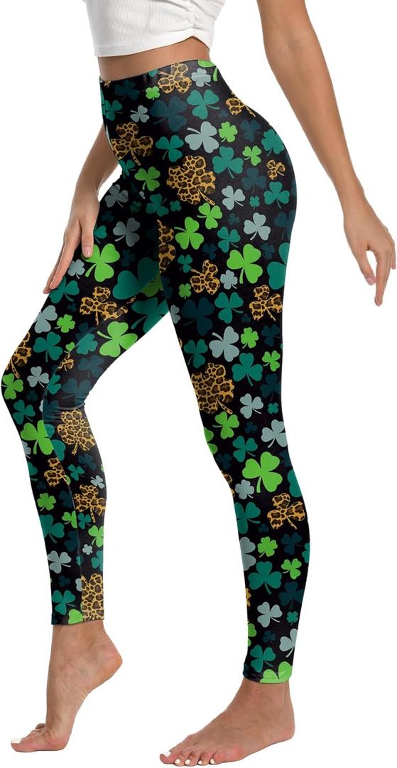 St Patricks Day Leggings for Women,Shamrock High Waist Pants Yoga Pants Bottoms Irish Outfit Plus Size Green Leggings Womens (L)
