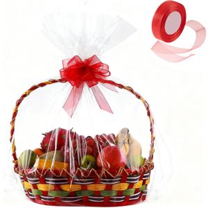 Circloophs 50 Packs Large Clear Cellophane Basket Bags 24" x 30" Cellophane Basket Gift Bags Heavy-duty Plastic Wrapping Paper for Gifts, Arts, Crafts, Treats, Red Chiffon Ribbon