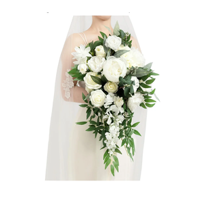 Ling's moment White Bridal Bouquet Cascading, Ivory Wedding Bouquets for Bride, 15 Inch Bride Bouquets for Wedding Artificial Flowers Bouquets
