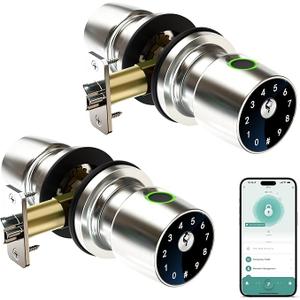 IRONZON Fingerprint Door Knob for Bedroom - 2Pcs 291Y 4-in-1 Keyless Bedroom Door Knob Smart Lock with App, One-tap Privacy Mode Setup, Auto-Lock Easy to Install - Satin Nickel