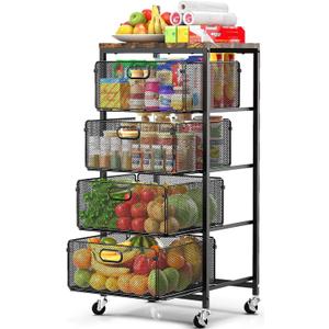 SUNALLY Rolling Kitchen Cart with Drawers, 4-Tier Utility Cart Fruit Vegetable Storage Cart with Lockable Wheels, Wooden Top Metal Kitchen Storage Organizer for Cans, Snacks, Beauty, Craft, Art, Black