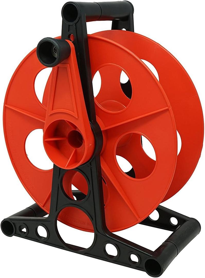 Woods Extension Cord Storage Reel - Holds Up to 150 Feet of 16/3 or 125 Feet of 14/3 Gauge Cord - Tangle-Free Design for Indoor or Outdoor Use - Side-Mounted Crank - Red & Black