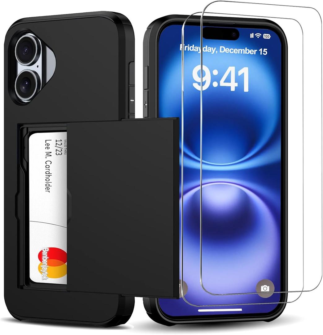 for iPhone 16 Wallet Case with Card Holder + 2 Tempered Glass Screen Protector Protective Dual Layer Shockproof Hidden Card Slot Slim Case Women Men iPhone 16 6.1 inch 2024 (Black)