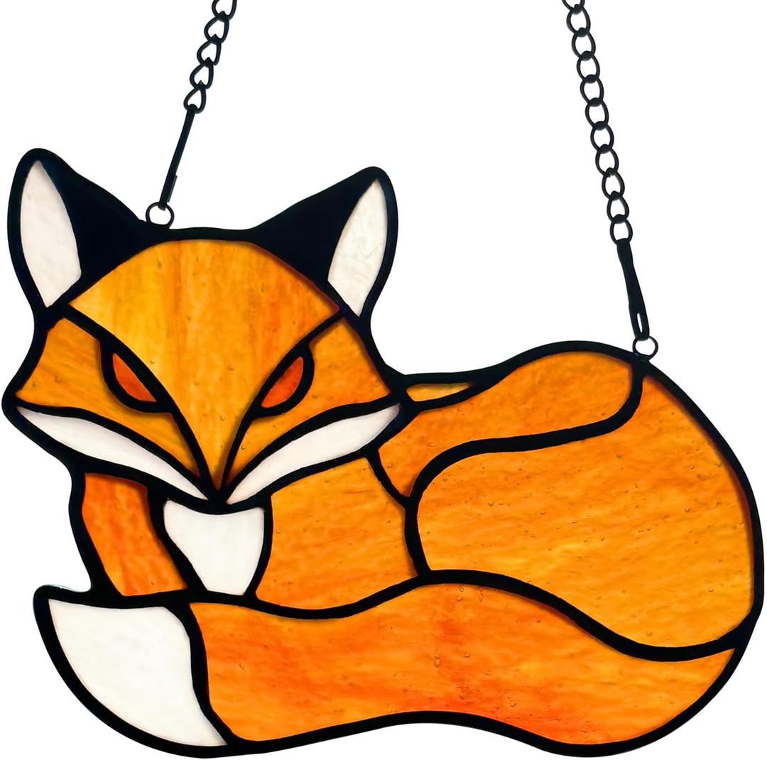 Stained Glass Red Fox Window Hanging Suncatcher Ornament Sun Catcher Indoor Window Home Decoration, Fox Decor Themed Gifts for Friend, Family, Women