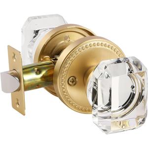 Gold Door Knobs Glass Door Knob Brushed Gold Passage Door Knobs Square Crystal Satin Brass Interior Door Knob for Hall and Closet, 1 Pack