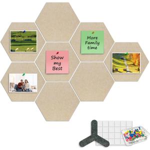 8-Pack Hexagon Felt Cork Board, 1/2" Thick Felt Bulletin Pinboard with 80 Push Pins, Adhesive Tabs, Geometric Cork Wall Tiles for Photos, Memos, Home & Office Decor (Beige)