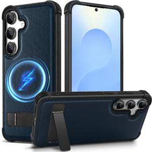 KEZiHOME Magnetic for Samsung Galaxy S25 Plus Case with Kickstand, Compatible with MagSafe, Genuine Leather Military Grade Protection Shockproof Soft Edge Phone Case for Galaxy S25+ Plus (Blue)