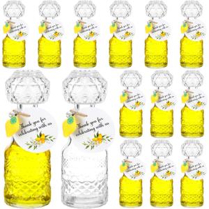 Chuangdi 16 Sets Mini Limoncello Glass Bottles 1.7 oz Limoncello Bottles with Labels Lemon Pendants Lemon Party Favors for Homemade Brewing Wedding Baby Shower Christmas Gifts(Delicate)
