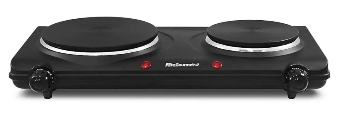 Elite Gourmet EDB-302BF Countertop Double Cast Iron Burner, 1500 Watts Electric Hot Plate, Temperature Controls, Power Indicator Lights, Easy to Clean, Black