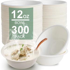 300 Pack 12 OZ Disposable Paper Bowls Compostable Biodegradable Soup Bowls Made of Natural Bagasse, Heavy-duty Bowls for Milk Cereals, Snacks, Salads
