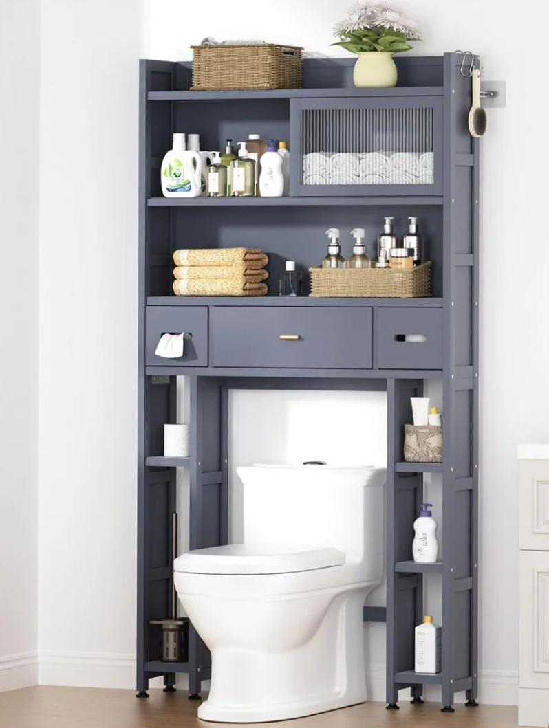 Cozivolife Over The Toilet Storage Cabinet with Acrylic Sliding Door Panel, Bamboo Organizer Shelf with 2 Paper Drawers and 1 Big Drawer,Space Saver Rack for Bathroom (Grey)