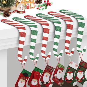 Duraaamo 6 Pcs Glitter Christmas Stocking Holders Candy Cane Shaped Peppermint Stocking Holders Fireplace Holder with Strips Mantel Hanger Hooks Grips for Decor(Red and White, White and Green,Large)
