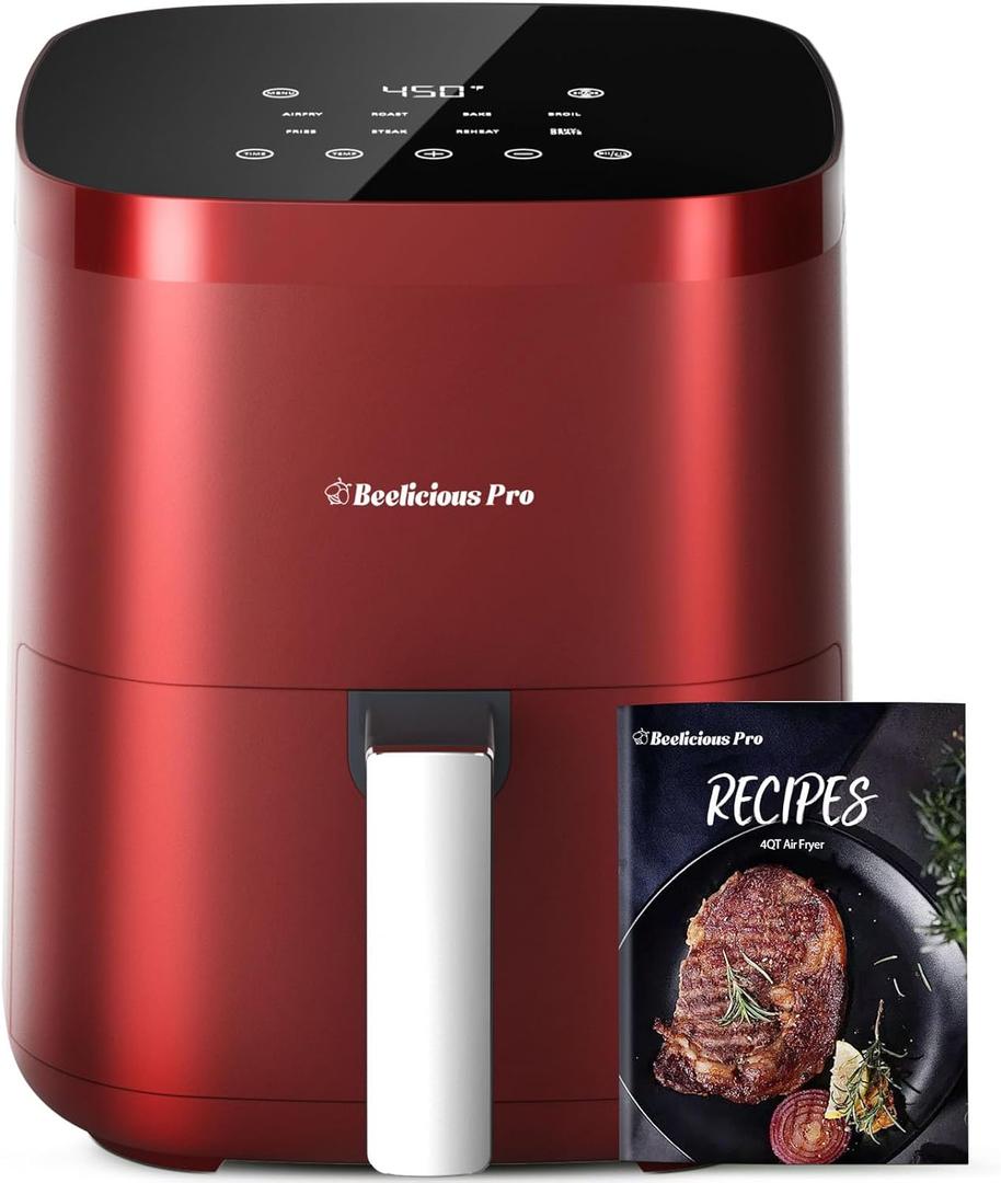 Air Fryer, Beelicious 8-in-1 Smart Compact 4QT Air Fryers, Shake Reminder,450F Digital Airfryer with Flavor-Lock Tech, Tempered Glass Display, Fit for 1-3 People, Red