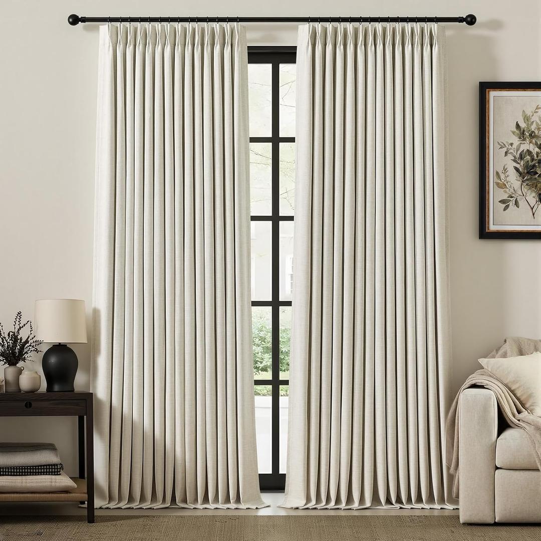 IVAPUPU Natural Linen Blend Pinch Pleated Blackout Curtains for Bedroom - 2 Panels 100% Black Out Curtains 108 Inch Long for Living Room Darkening Thermal Window Curtain Drapes with 16pc Hooks