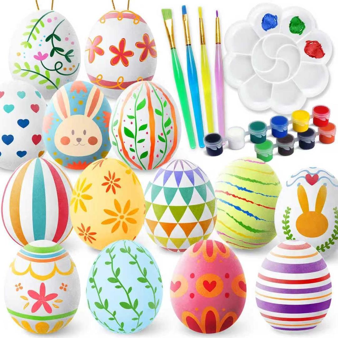 Easter White Eggs Painting Kit-Paintable Flocking Eggs with Doodle Kit for DIY Design-Hanging Flocking Eggs with Rope for Decoration,Egg Hunts, Basket stuffers & Essentials, Easter Gift,28PCS