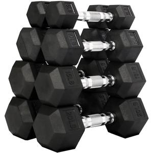 Fitvids Rubber Encased Hex Dumbbell Weight Set and Storage Rack, 5-20LB Pairs