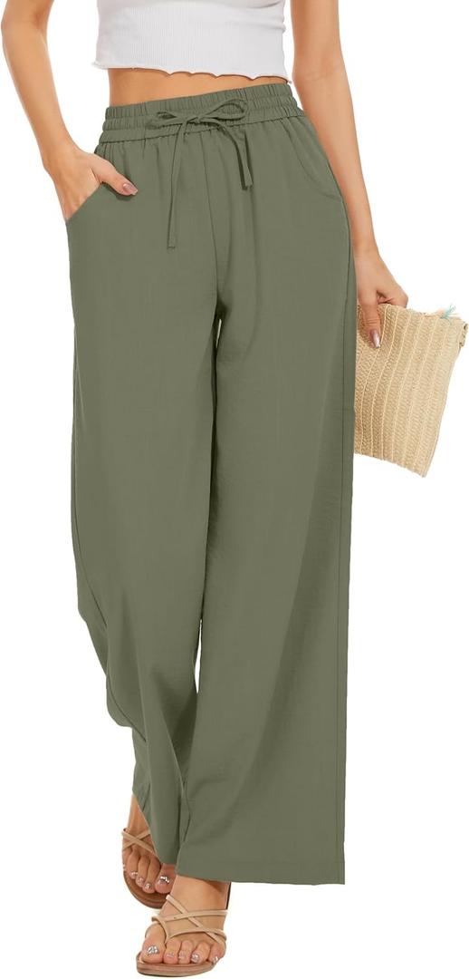 KICZOY Women Flowy Pants Drawstring Waist Wide Leg Palazzo Beach Pants Loose Fit with Pockets (Small, Army Green)