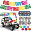 Faccito 19 Pcs Day of The Dead Golf Cart Decorations Dia De Los Muertos Car Decoration Picado Fiesta Banner Pom Poms Sugar Skull Stickers for Halloween Golf Cart Party Decor