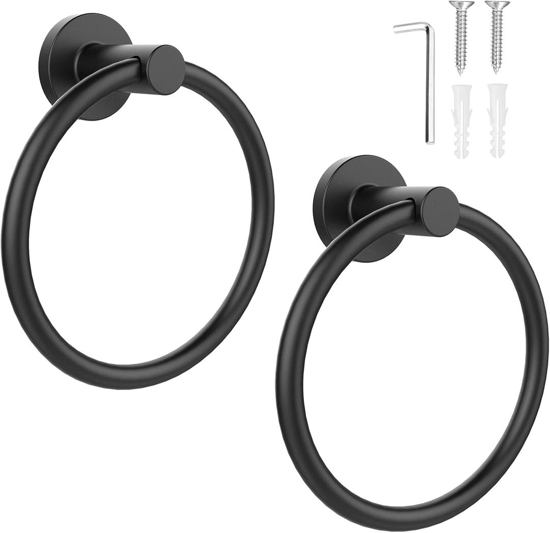 SetSail Towel Holder for Bathroom Wall Matte Black Towel Ring Stainless Steel Heavy Duty Hand Towel Hanger for Bath, Kitchen, 2 Pack