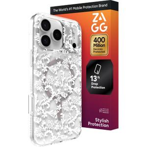 ZAGG Milan Snap Case for iPhone 17 Pro Max - White Boho Blossom, Graphene Strengthened Phone Case with Drop Protection (13ft/4m), Textured Edges & Sparkle Design, MagSafe Charging Compatible