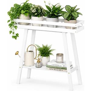 BAMBANG Bamboo Plant Stand Indoor, 2 Tier Small Plant Table, Tall Plant Stand for Indoor Plants, Window Sill Plant Shelf, Flower Pot Holder Plant Bench Plant Rack for Living Room, White