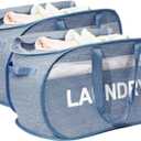 Collapsible Laundry Basket 2 pack, Foldable Pop Up Blue Laundry Baskets Mesh with Lid & Handle, Pop Up Collapsible Laundrys Hamper, Fabric Laundrys Baskets for Dorm, Travel, Bathroom