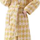 Womens Plush Robes Long Soft Fluffy Bathrobe Bathrobe With Pocket Belt Warm Robes (Small-Medium, Grid-yellow)