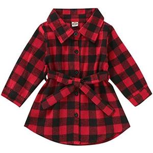 Kayotuas Toddler Kids Baby Girl Plaid Dress Long Sleeve Belted Botton Down Shirts Dresses Infant Fall Outfits, 110